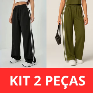 Kit 2 Calças Feminina Malha Confortável com Listras Laterais Estilosa Moda Gringa Tendência em Oferta na Shopee