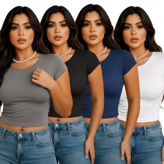 Baby Tee Feminina - Blusa Slim Fit Manga Curta  de Compressão Várias tecido Suplex Verão