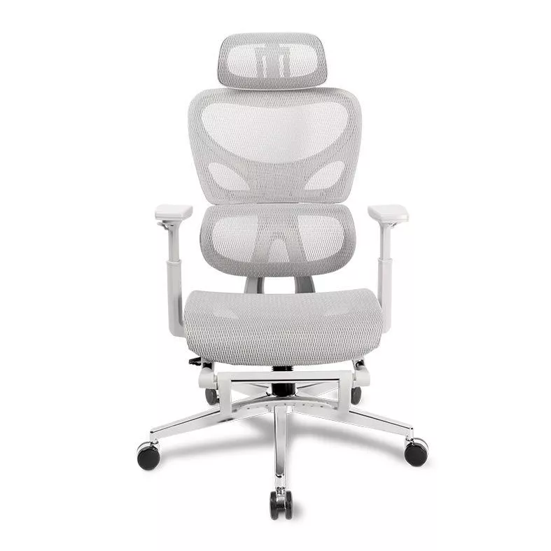 Cadeira de escritório cinza com tecido respirável e apoio de cabeça