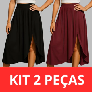 Kit 2 Saia Midi Malha Confortavel Fenda Lateral Moda Tendência em Oferta na Shopee
