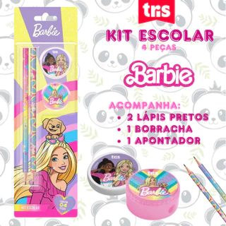 Kit Escolar 4 Peças Lápis Apontador e Borracha Barbie | Tris