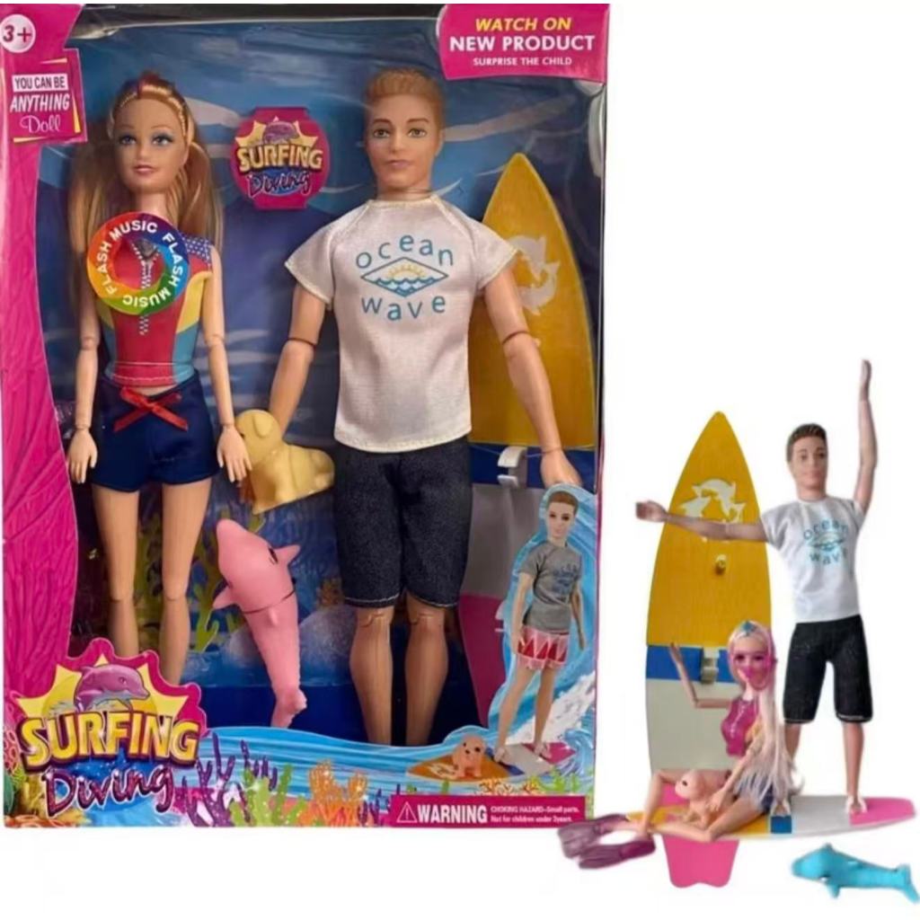 Boneca ken surfista casal com prancha de surf,cachorrinho, sapatos