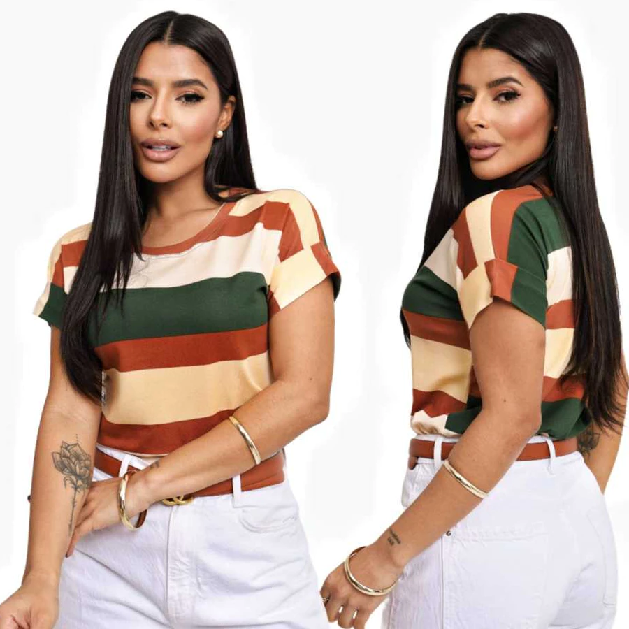 Blusa Camiseta Básica Listrada Feminina Estilo Moderno Moda Verão Inverno Manga Curta Japonesa Branco Marrom