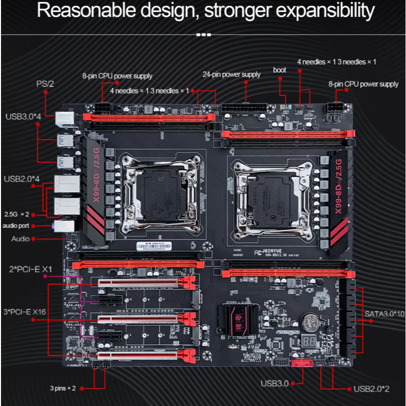 placa-mãe dual Xeon V3 V4 LGA 2011-3 DDR4 Dual 2.5G placa de rede X99-8D4 + 2 xeon 2630 v4