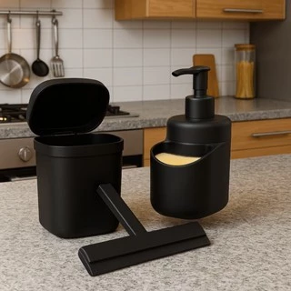 Kit Organização Pia Cozinha Lixeira 3,5 litros Dispenser Detergente e Bucha + Rodinho Preto 13cm