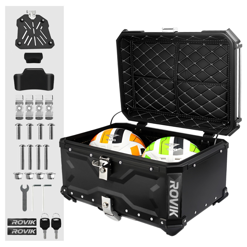 Baú Moto Alumínio Top Case Traseiro 65 L + Base + Encosto Big Trail Alta Capacidade Cabe 2 Capacetes