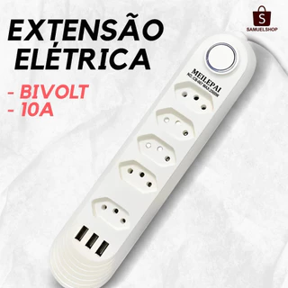 Régua Filtro de Linha com 5 Tomadas Extensão Elétrica 3 USB 2500W 10A 110v/220v Cabo de 2 Metros