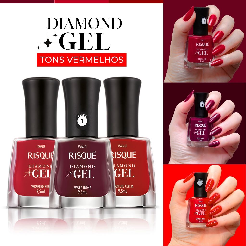 Kit 3 Esmaltes Risqué Diamond Tons Vermelhos Escuro Risqué Cremoso ...
