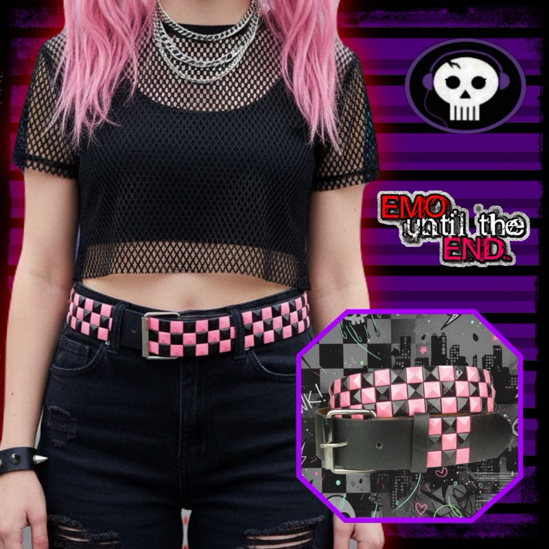 Cinto Quadriculado Emo Punk Rock Y2K Scene de Ilhós Pirâmide Rosa ...