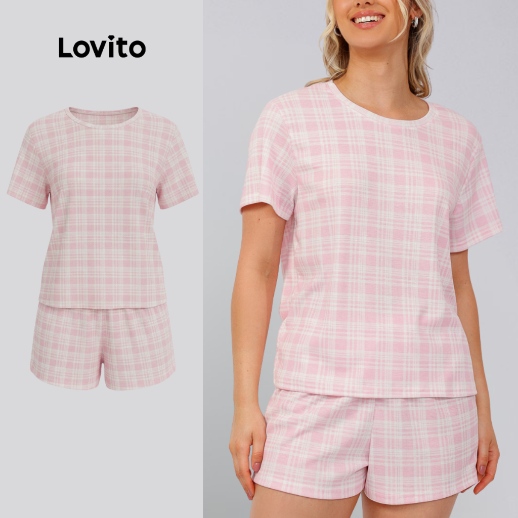 Lovito Conjunto de Pijama Femino Camiseta Manga Curta e Shorts Estampa Xadrez LB1006BRL1036