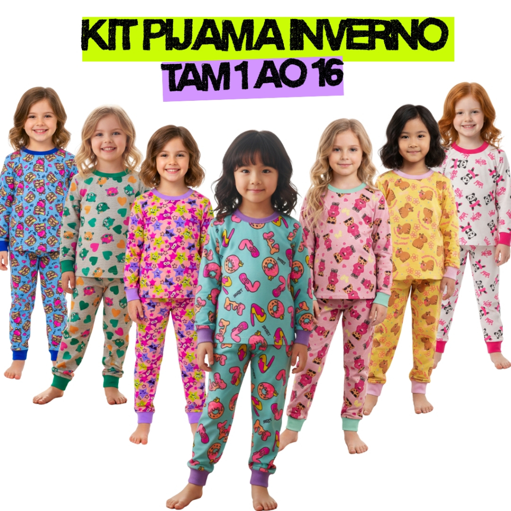 Kit 6 Peças Pijama Infantil Inverno Feminino 3 Camiseta Manga Longa 3 Calça Algodão Punho 1 ao 16 em Oferta na Shopee