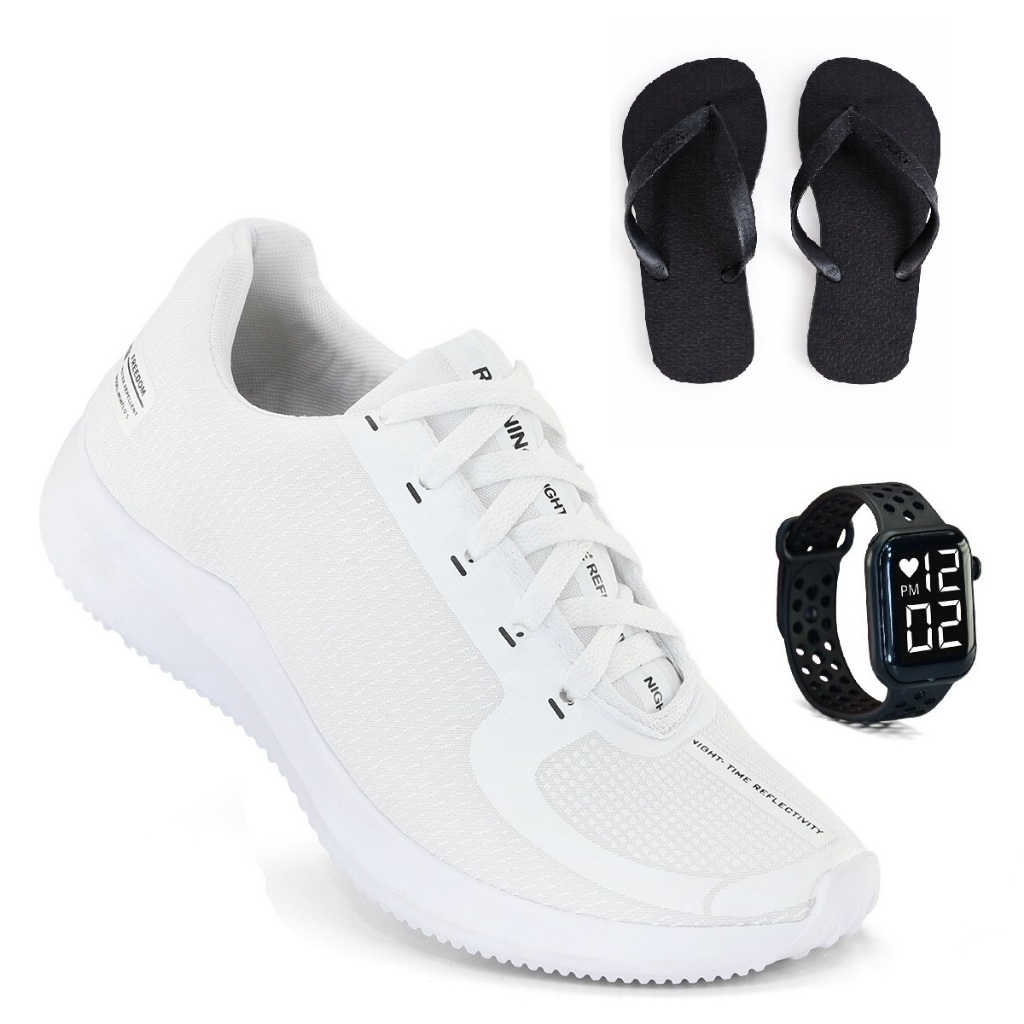 Tenis Masculino + Relogio + Chinelo Esportivo Versatil Academia Corrida Caminhada Ultra leve e Macio