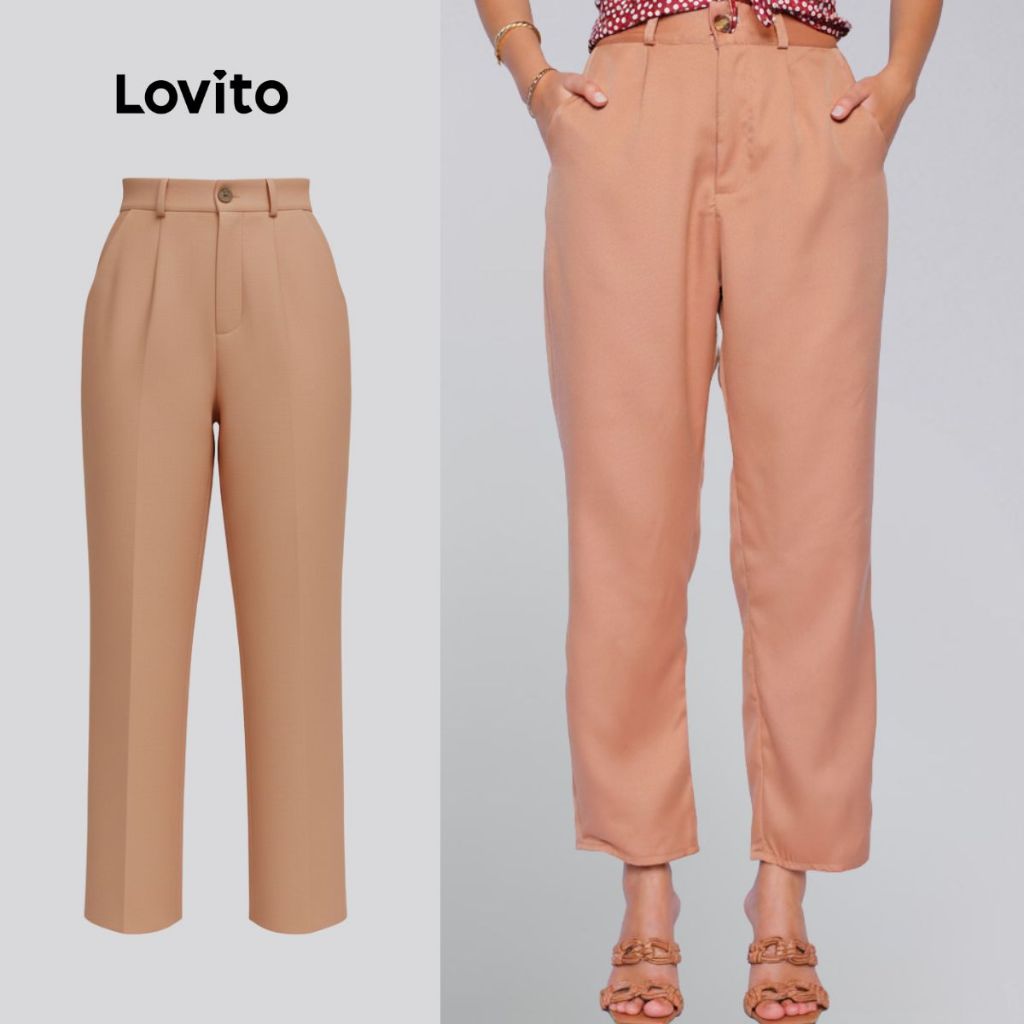 Lovito Calça Alfaiataria Bolsos e Botoes Bege Cenoura Lisa Elegante Feminina LB914BRL944