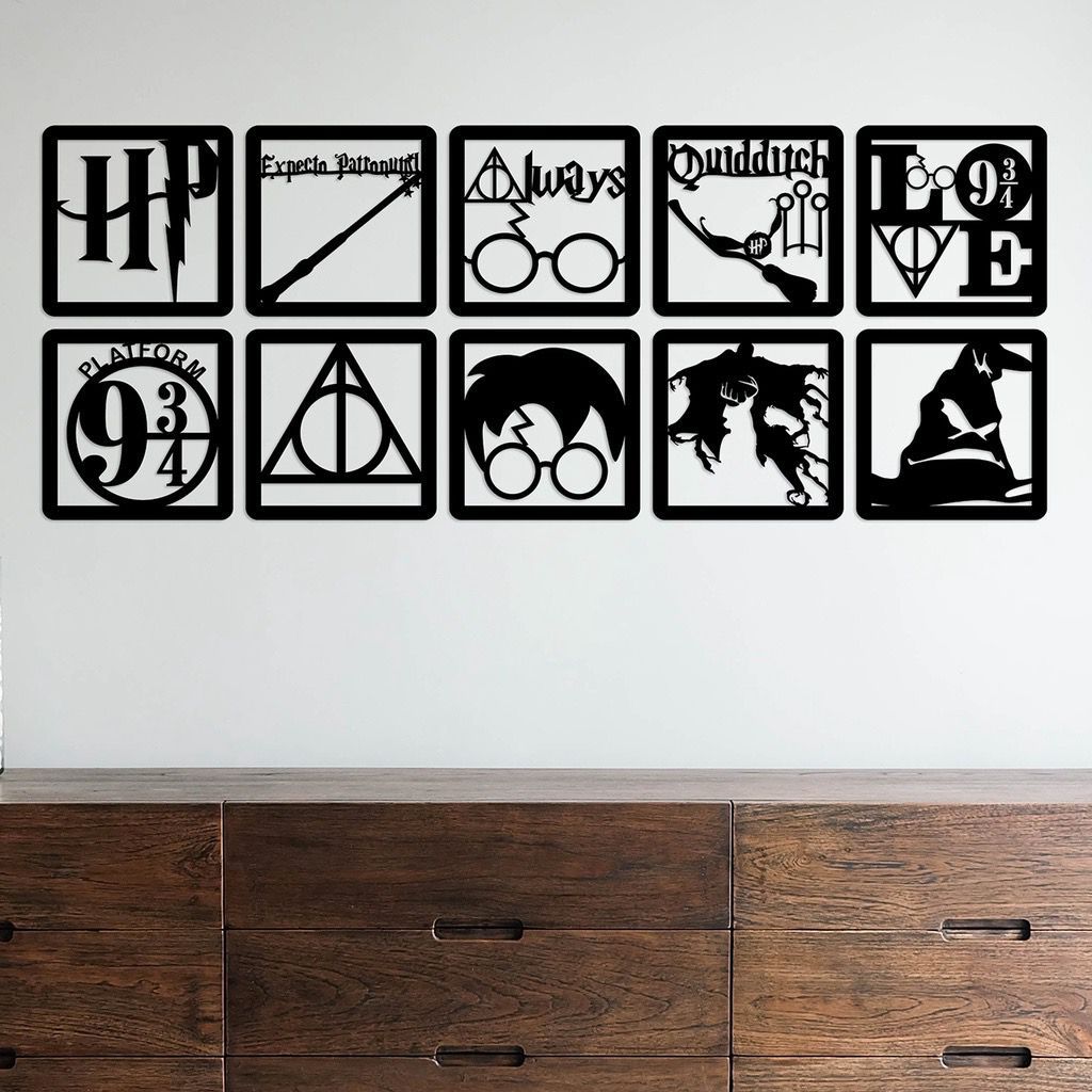 Kit 10 Mini Quadros Decorativo Vazado Harry Potter 3mm MDF Preto Fosco