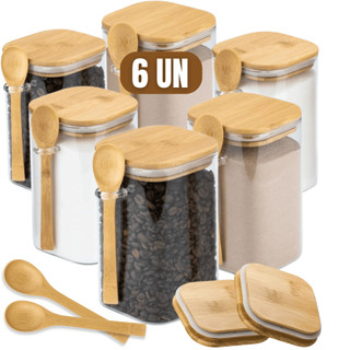 Kit 6 Potes de Vidro Tampa Bambu 200ml Com Colher Tempero Açúcar Sal Cozinha Luxo