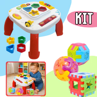 Kit Mesa + 3 Brinquedos Educativo Cubo Brinquedo Didatico Atividades Interativa Divertida Educacional Bebê Montar