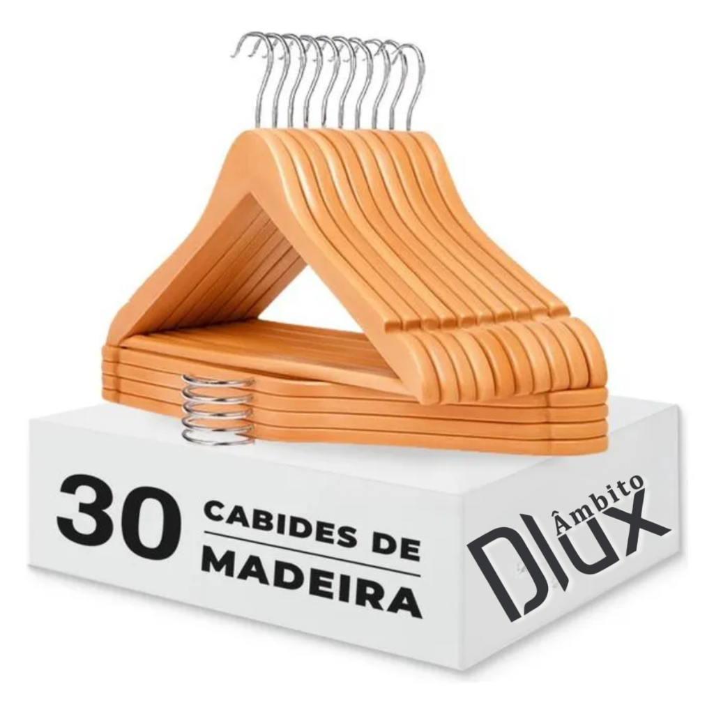 Kit 30 Cabide de Madeira Marfim Com Verniz Gancho Em Metal Reforçado Adulto Ambito Dlux