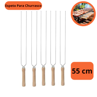 Espeto Duplo 55cm Para Churrasco Cabo Madeira Aço Cromado Churrasqueiro Oferta Envio Imediato