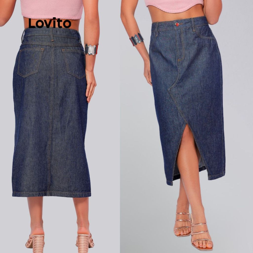 Lovito Saia Jeans Midi Fenda Moda Modesta Lisa Casual Feminina LB724BRL754