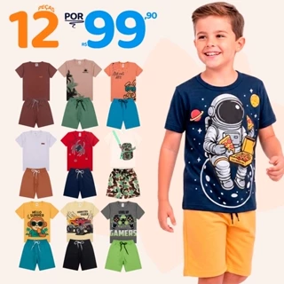 Kit Sortido 12 Peças de Roupas Infantil Menino 6 Camisetas + 6 Bermudas - Kit com 6 Conjuntos de Roupa Verão Menino Bebê em Oferta na Shopee
