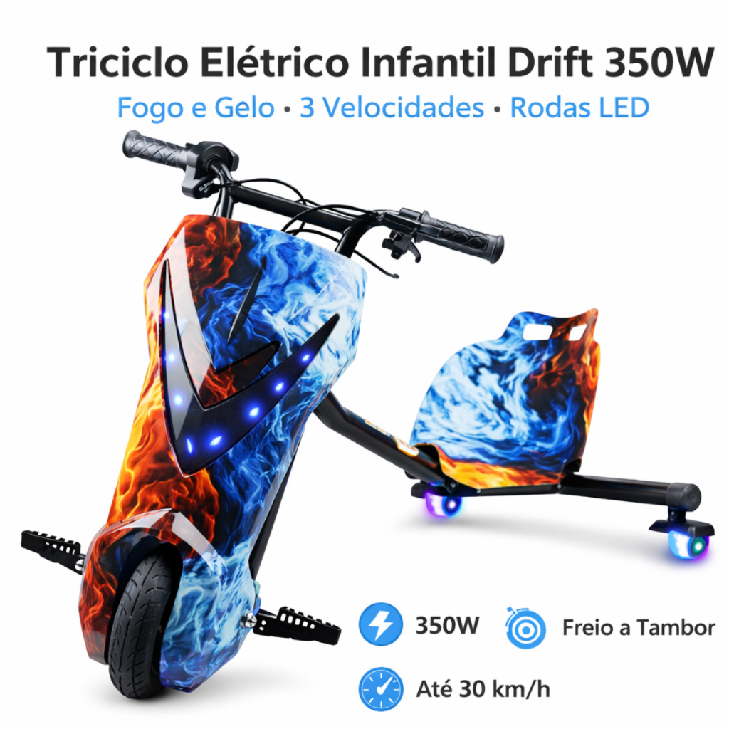 Patinete Elétrico 3 Rodas Triciclo Infantil Drift 350W Botão de ...