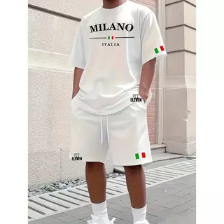 Conjunto Camiseta + Short Moletom Estampado Milano Itália Camiseta Linha Premium Bermuda Com Bolso
