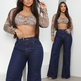 Calça Jeans Feminina Wide Leg Marmorizada Cintura Alta Empina Bumbum — foto 3 — Achou Levou Brasil
