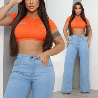 Calça Jeans Feminina Wide Leg Marmorizada Cintura Alta Empina Bumbum — foto 4 — Achou Levou Brasil