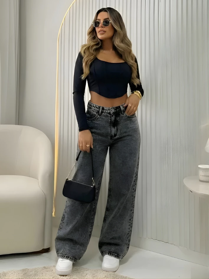 Calça Jeans Feminina Wide Leg Marmorizada Cintura Alta Empina Bumbum