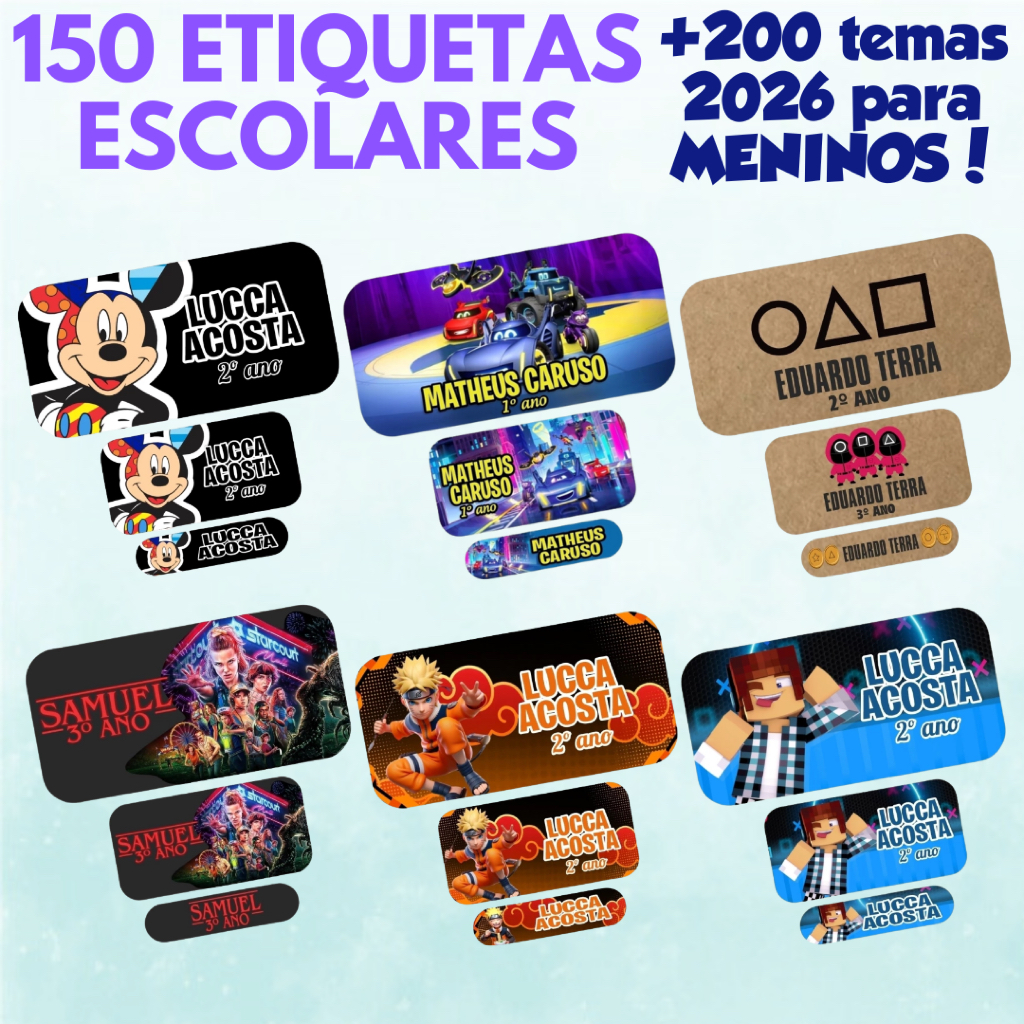 150 Etiquetas Adesivo Escolar PARA MENINOS Com 3 Medidas A Prova D'água ...