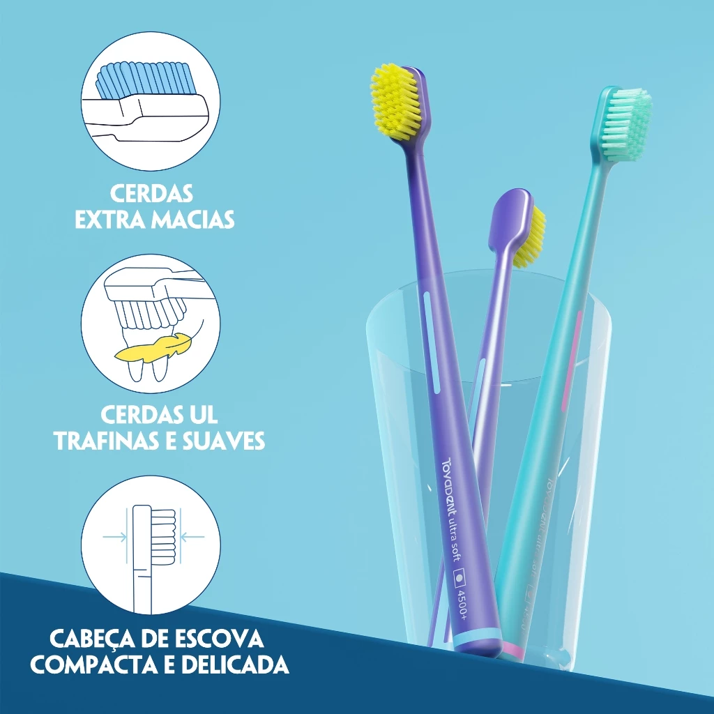Três escovas de dente Toyadent em um copo com ícones explicativos sobre a maciez das cerdas