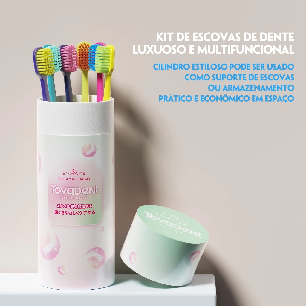 Kit de escovas de dente Toyadent dentro de um cilindro protetor elegante com tampa aberta