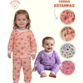 Pijama Infantil Menina 100% algodão Manga longa | Conjunto Calça e camisa manga longa Estampado em Oferta na Shopee