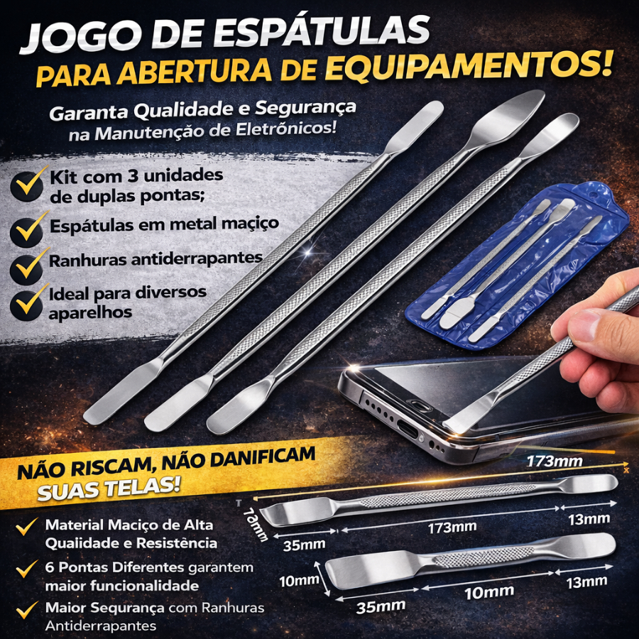 3 Espatulas De Aço Precisão Para Manutenção Tablets Notebooks E Celulares