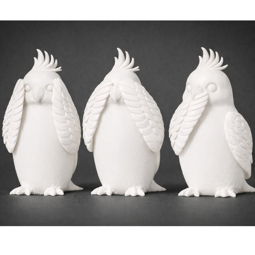 Kit 3 Calopsitas Decorativos – Não Ouço, Não Vejo, Não Falo | 10cm