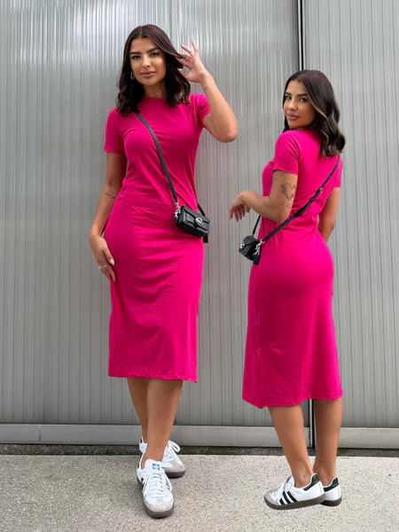 Vestidos Midi Moda Verão Manga Curta Fenda Lateral Algodão Soltinho Confortável