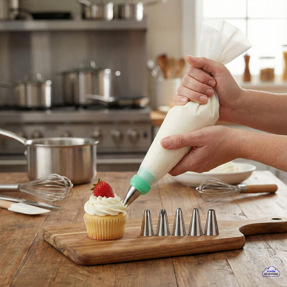 Kit Confeiteiro Saco Silicone Reutilizável + 6 Bicos Inox Co