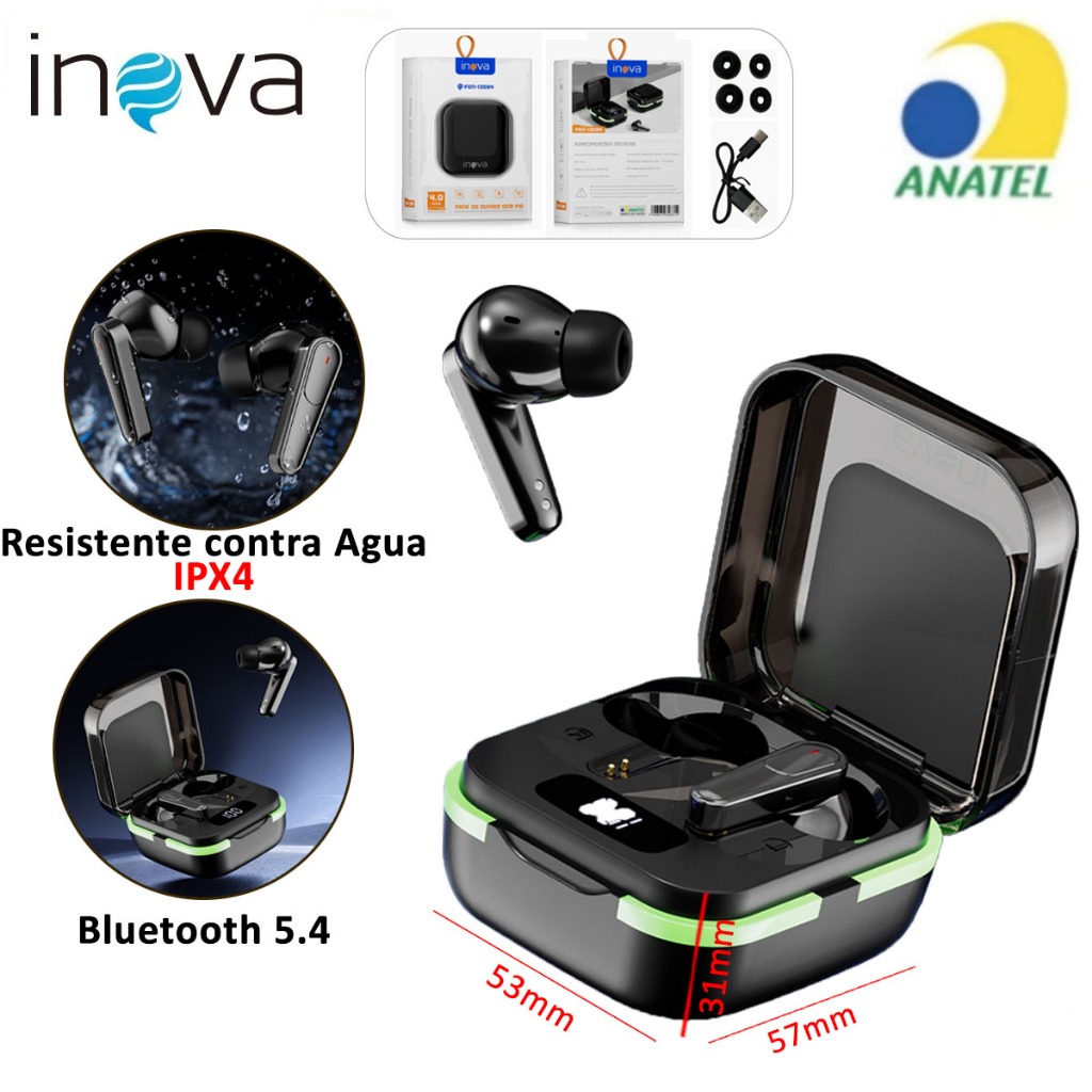 INOVA Fone De Ouvido bluetooth 5.4 À prova d'água IPX4 qualidade de som ...