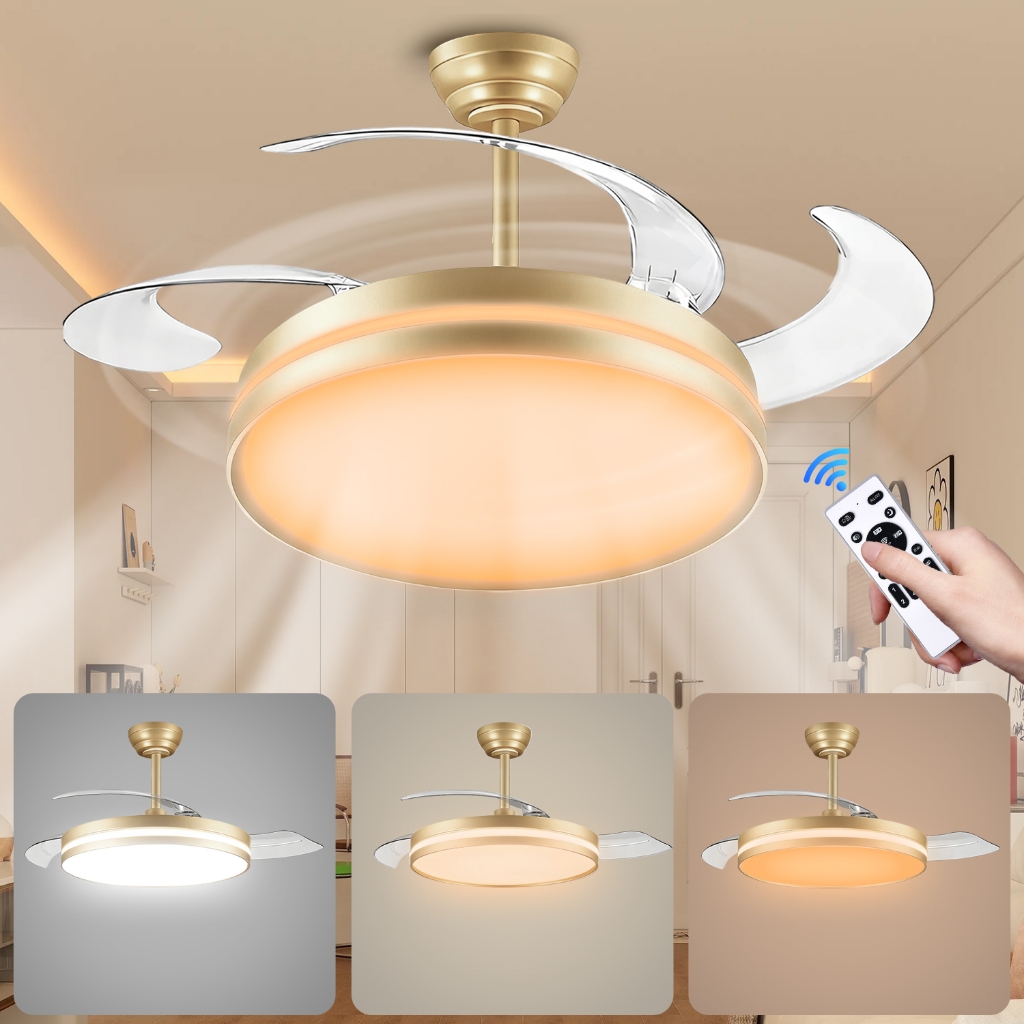 Ventilador de Teto LED Retrátil 42” Silencioso com Controle Remoto – Luz Tricolor para Sala e Quarto --Bivolt 127/220V