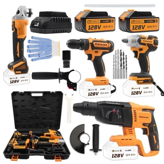 Kit 4 em 1 - Furadeira e Parafusadeira de Impacto 128V + Martelete e Esmerilhadeira com 2 Baterias e Maleta - Profission