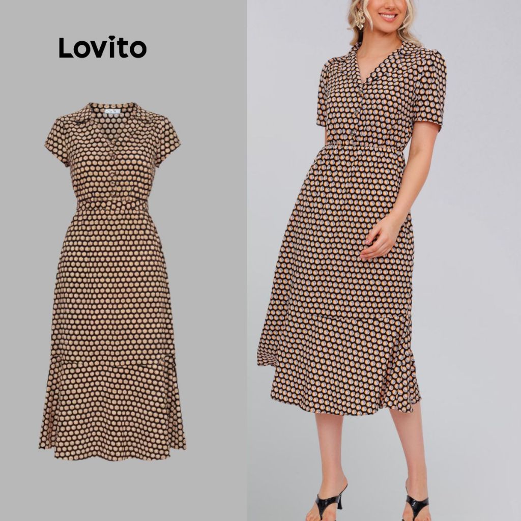 Lovito Vestido Midi Estampado Tecido Elegante Com Gola Manga Curta Basico Feminino Moda LB934BRL964
