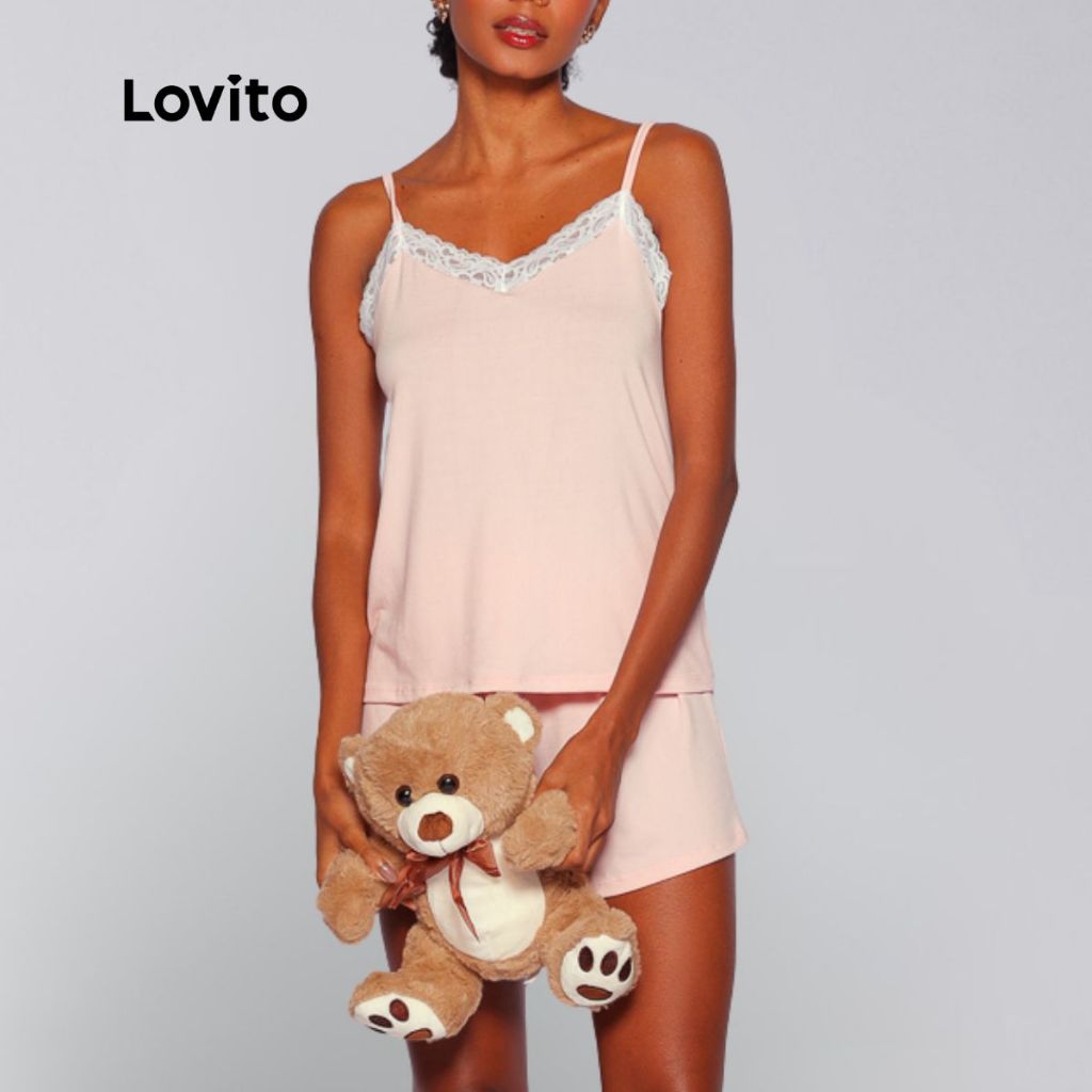 Lovito Pijama Fofo Liso com Renda e Cordão para Mulheres LB795BRL825