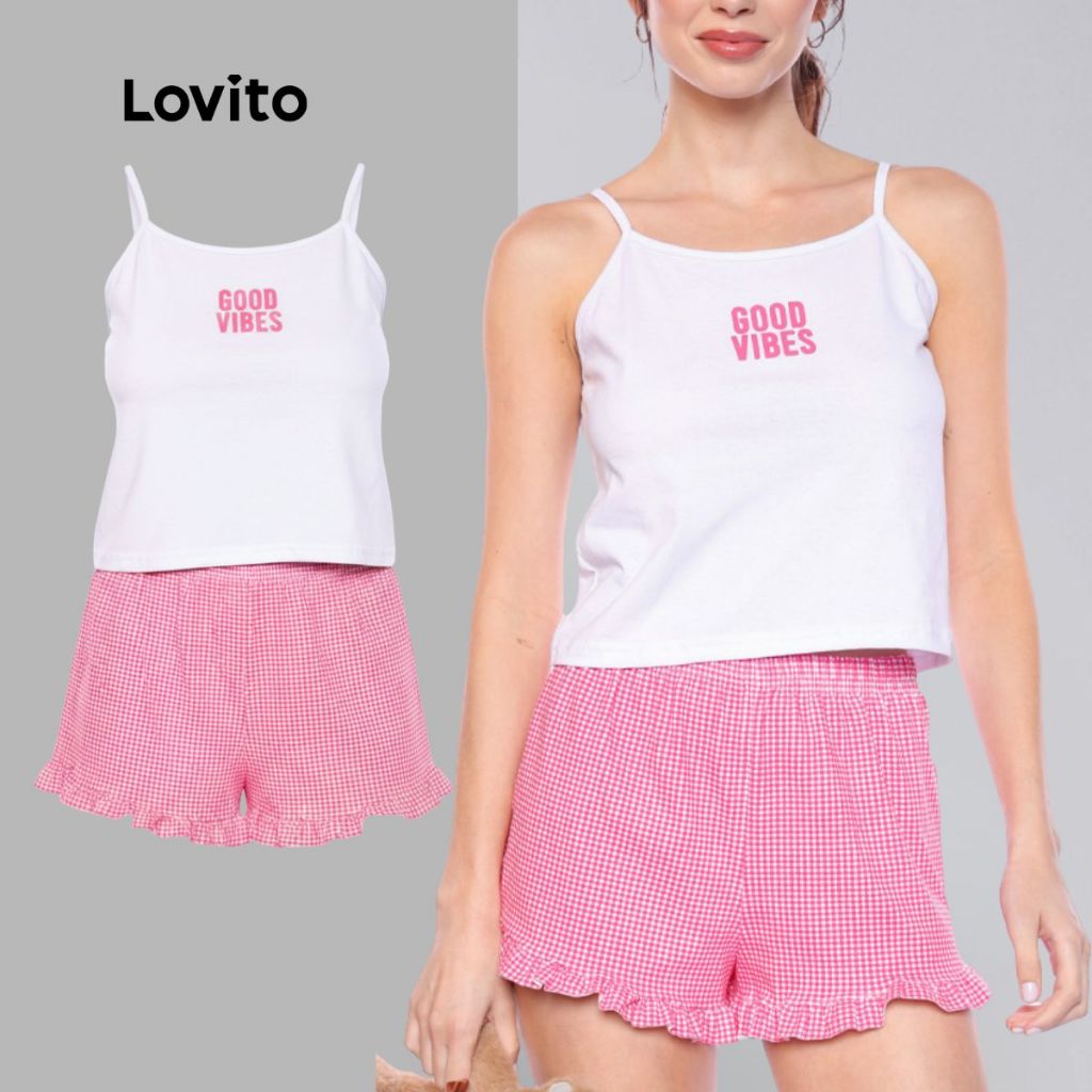 Lovito Conjunto de Pijama Feminino Regata e Shorts Estampa Good Vives e Shorts Xadrez LB1425BRL1455