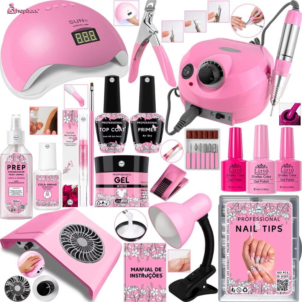 Kit Unhas Gel Profissional Completo Cabine Sun 5 Lixadeira Sugador Top ...