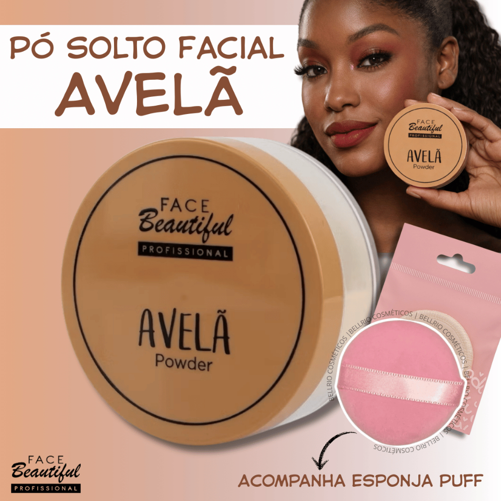 Pó Solto Facial Avelã com esponja puff Maquiagem Face Beautiful