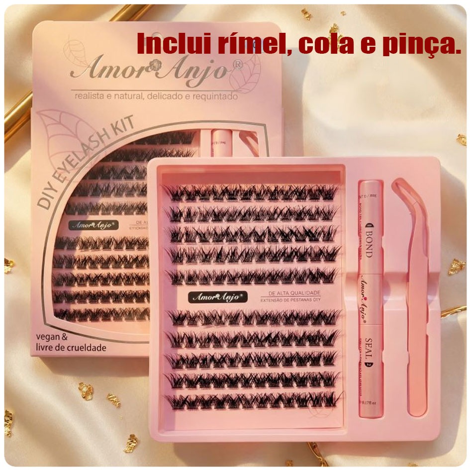 Kit cilios postiqos naturais realista cola de maquiagem completa Amor& Anjo com Pinça+Cola+Selador