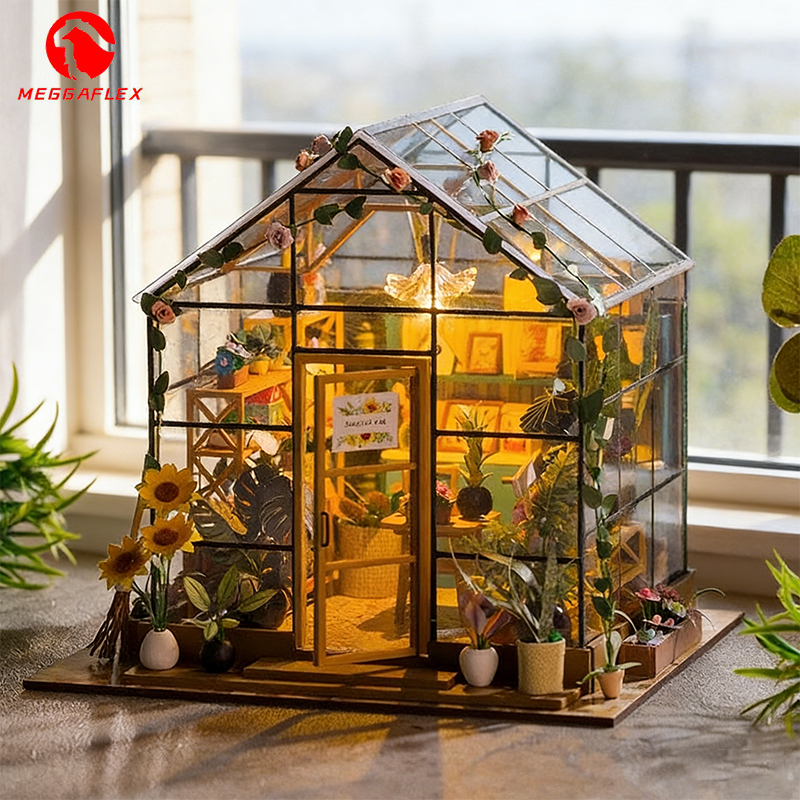 Mini Casa Estufa Cathy’s Flower House – Kit DIY Detalhado com Flores, Móveis e Luz LED MEGGAFLEX