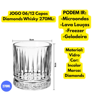 Jogo Kit 06/12 Copos Vidro 270ML Transparente Whisky Destilados Drink Servir Bar Barman Chique Luxo