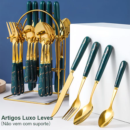Kit 24 peças Talheres Colher Garfo Faca Luxo Linha Ouro Estilos de cerâmica em preto/rosa/branco/verde escuro