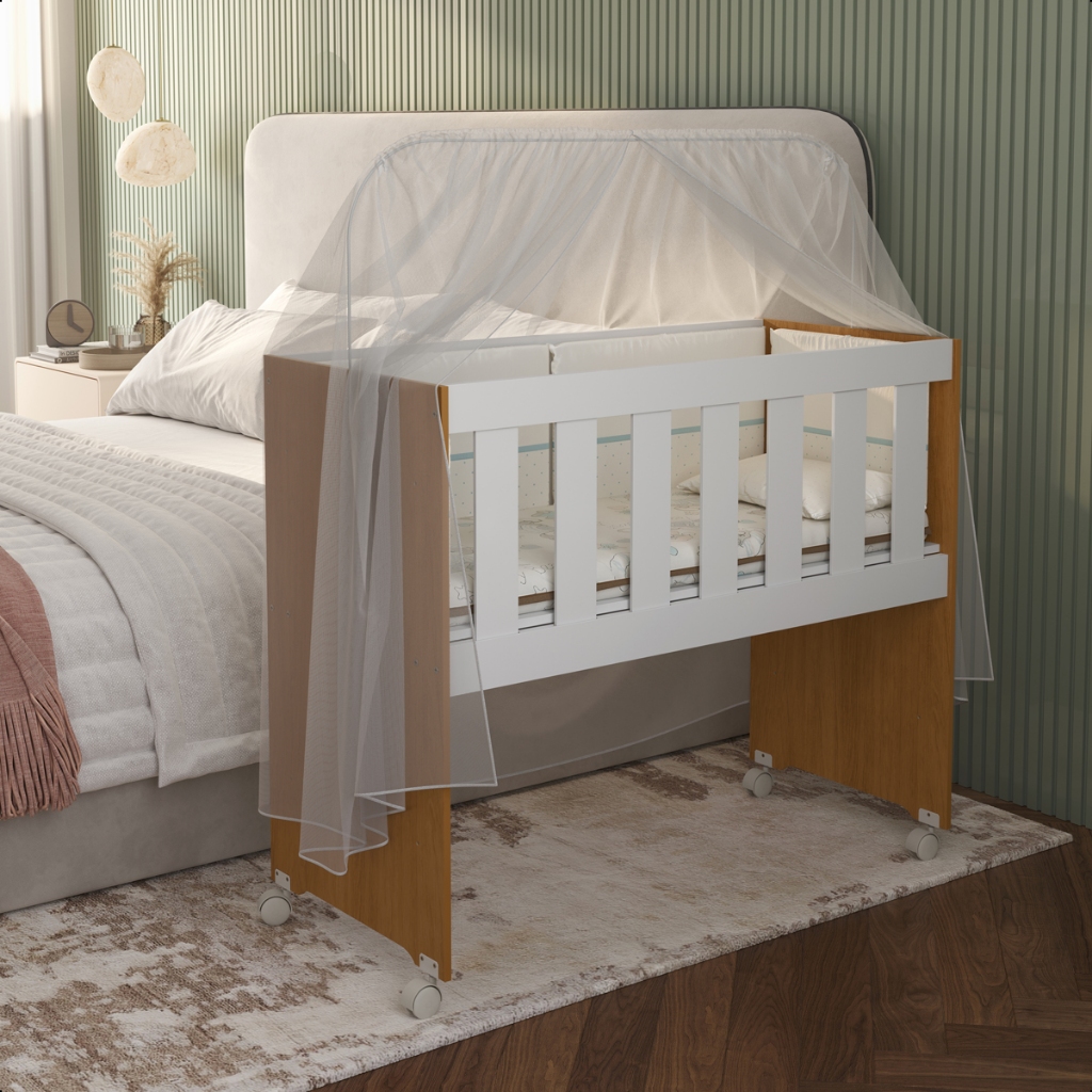 Mini Berço Para Bebês Em MDF Multifuncional Com Rodinhas E Colchão